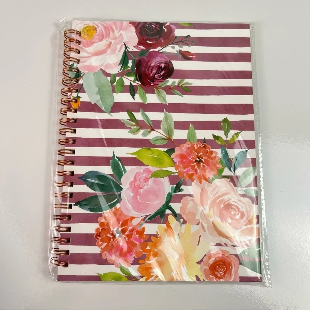 Floral Stripes Design Burgundy Red Multicolor Spiral Bound Journal 6”x8.25” New
